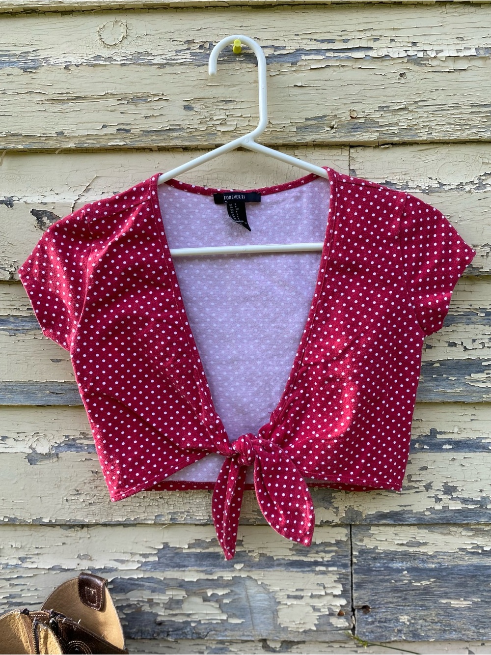 White Polka Dots Red Tie-Front Crop Top